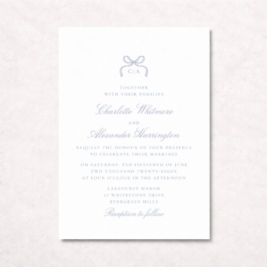Whimsical Blue Bow Wedding Invitation Kaart