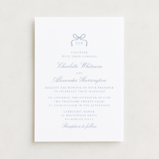 Whimsical Blue Bow Wedding Invitation Kaart