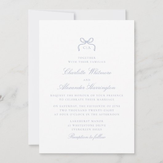 Whimsical Blue Bow Wedding Invitation Kaart (Voorkant)
