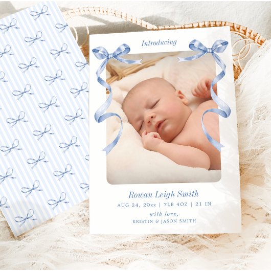 Whimsical Blue Bows Baby Geboorte Aankondiging