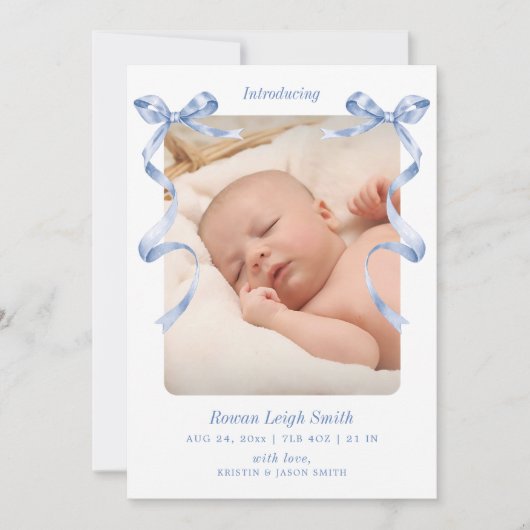 Whimsical Blue Bows Baby Geboorte Aankondiging (Voorkant)