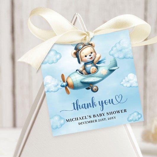 Whimsical Blue Brown Teddy Bear Aviator Boy Shower Bedankjes Labels