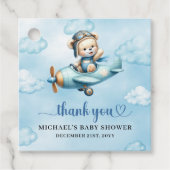 Whimsical Blue Brown Teddy Bear Aviator Boy Shower Bedankjes Labels (Voorkant)