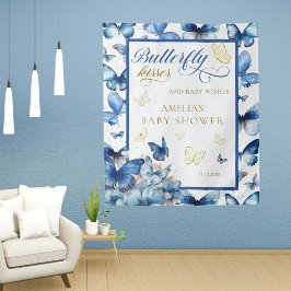 Whimsical Blue Butterfly Kisses Baby shower Party Wandkleed