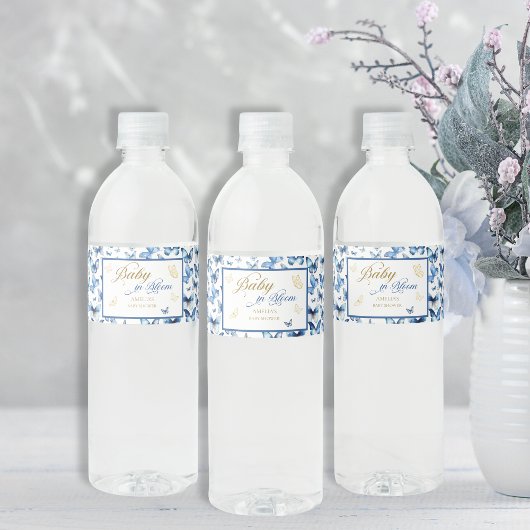 Whimsical Blue Butterfly Kisses Baby shower Waterfles Etiket