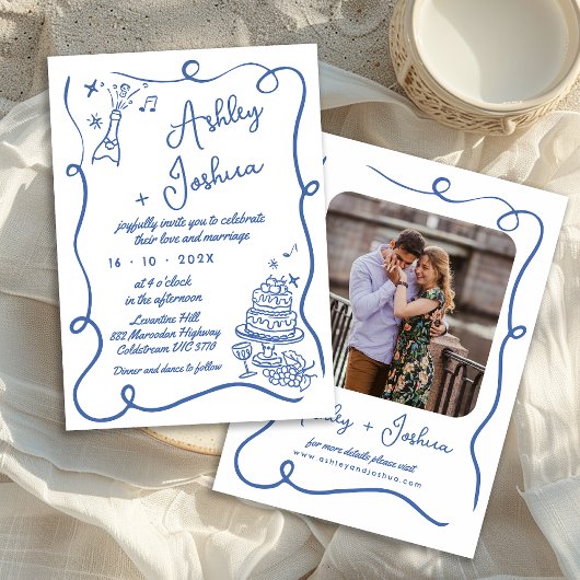 Whimsical Blue Cake Bottle Hand getrokken bruiloft Kaart