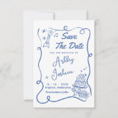 Whimsical Blue Cake Hand getekend Save the Date Ka Kaart (Voorkant)