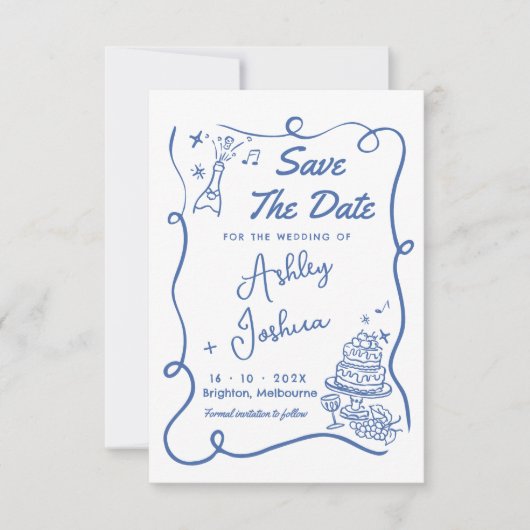 Whimsical Blue Cake Hand getekend Save the Date Ka Kaart (Voorkant)