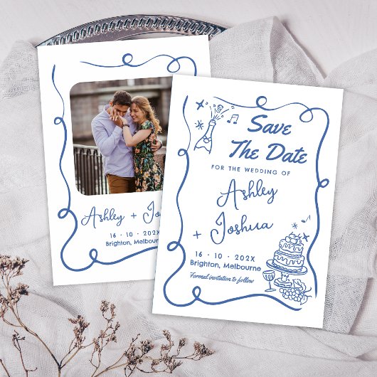 Whimsical Blue Cake Hand getekend Save the Date Ka Kaart