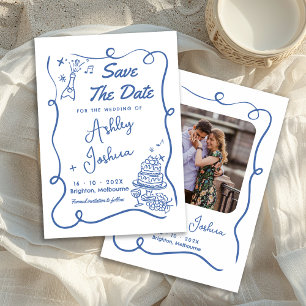 Whimsical Blue Cake Hand getekend Save the Date Ka Kaart