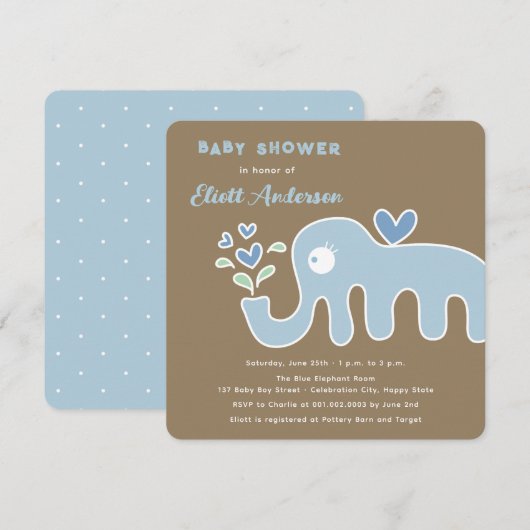 Whimsical Blue Cartoon Elephant Boy Baby shower Kaart (Voorkant / Achterkant)
