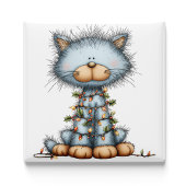 Whimsical Blue Cat Christmas Tree Magnet