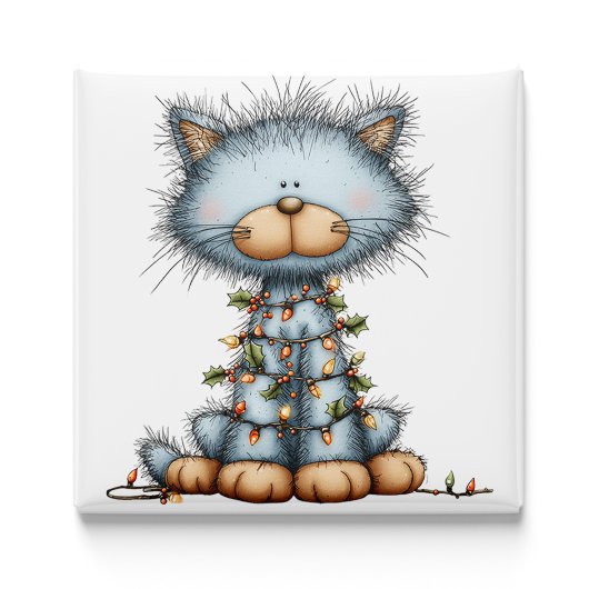Whimsical Blue Cat Christmas Tree Magnet