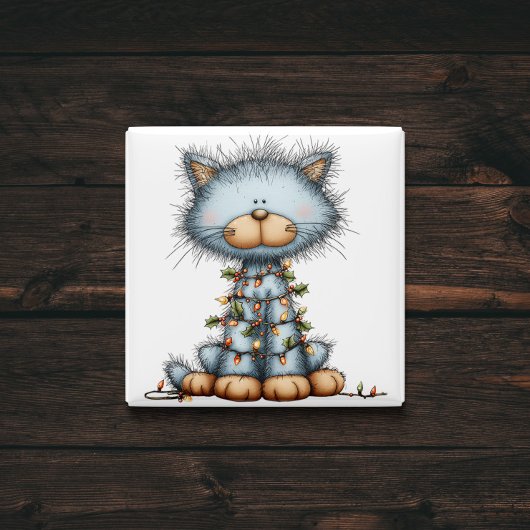 Whimsical Blue Cat Christmas Tree Magnet