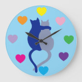 Whimsical Blue Cat Clock with Rainbow Hearts Grote Klok (Voorkant)