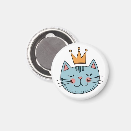 Whimsical Blue Cat met een gele kroon Magneet (Voorkant / Achterkant)