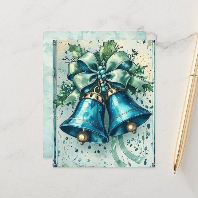 Whimsical Blue Christmas Bells Scrapbook Paper (Voorkant / Achterkant in situ)