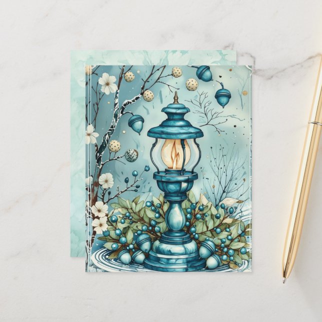 Whimsical Blue Christmas Lamp Scrapbook Paper (Voorkant / Achterkant in situ)