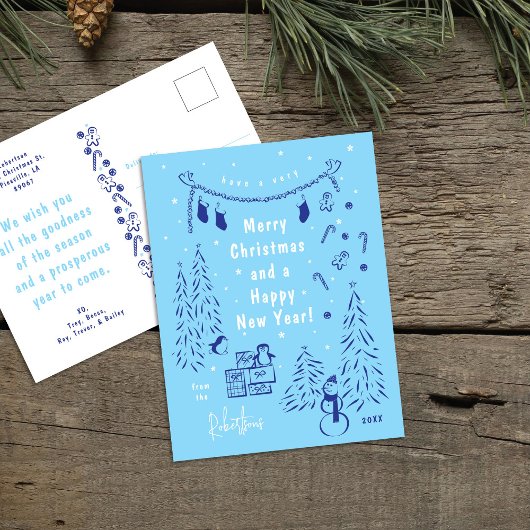 Whimsical Blue Christmas Scene Briefkaart