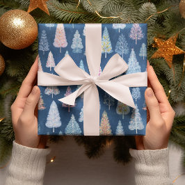 Whimsical Blue Christmas Trees Wrapping Paper  Cadeaupapier