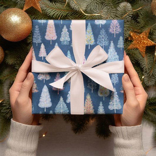 Whimsical Blue Christmas Trees Wrapping Paper Cadeaupapier