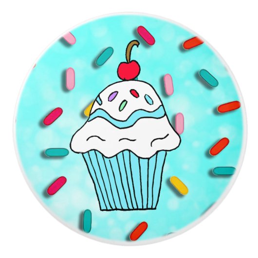 Whimsical Blue Cupcake met Cherry op Top Keramische Knop (Voorkant)