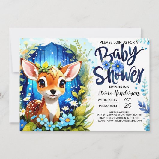 Whimsical Blue Deer Theme Baby shower Kaart (Voorkant)