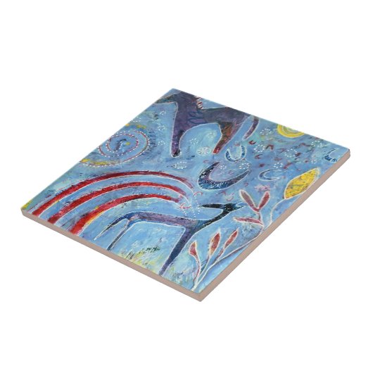 Whimsical blue dog and pony tegeltje (Zijkant)