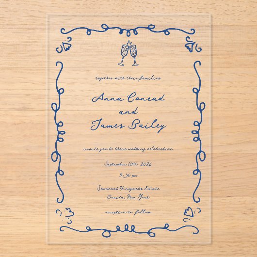 Whimsical Blue Doodle Lijst bruiloft Acryl Uitnodigingen (Voorkant)