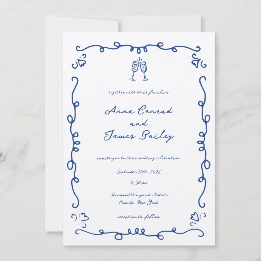 Whimsical Blue Doodle Lijst bruiloft Kaart (Voorkant)