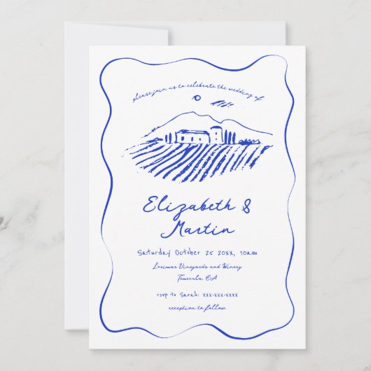 Whimsical Blue Doodle Vineyard Wavy Border Bruilof Kaart (Voorkant)