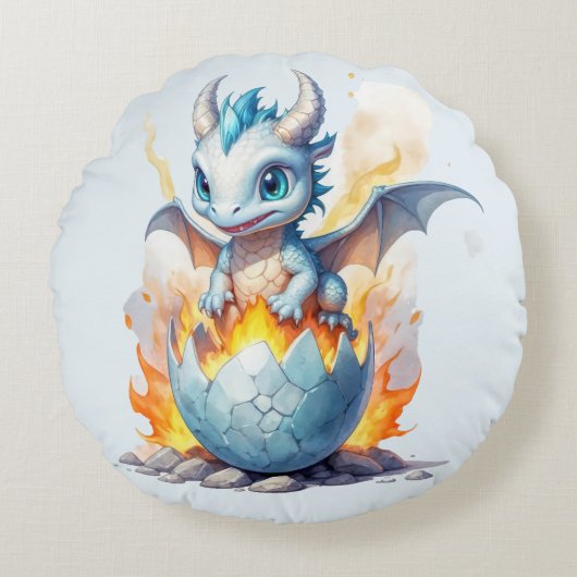 Whimsical Blue Dragon Frostfire Rond Kussen (Voorkant)
