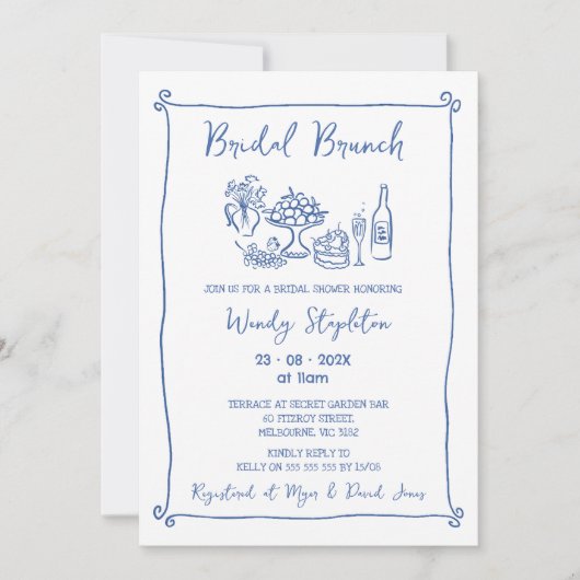 Whimsical Blue Drawn Bridal Brunch Vrijgezellenfee Kaart (Voorkant)