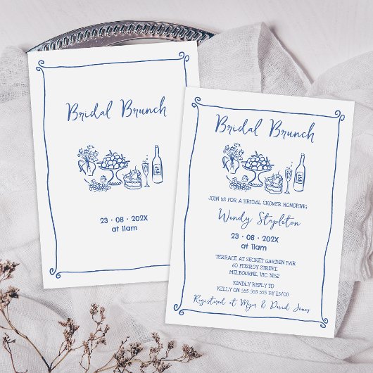 Whimsical Blue Drawn Bridal Brunch Vrijgezellenfee Kaart