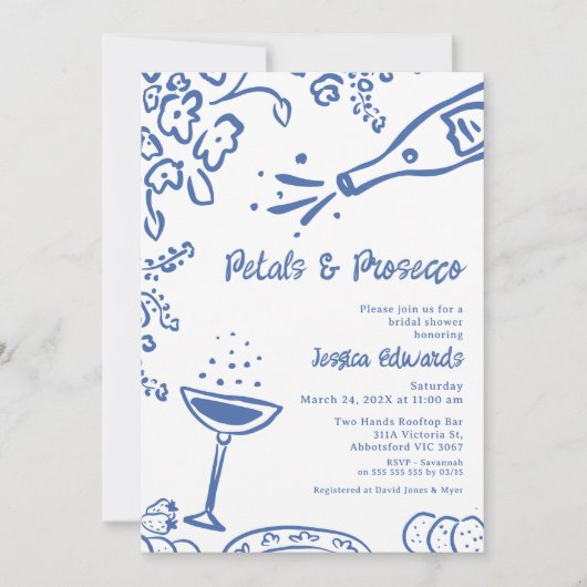 Whimsical Blue Drawn Petal Prosecco Vrijgezellenfe Kaart (Voorkant)