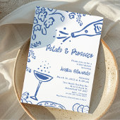 Whimsical Blue Drawn Petal Prosecco Vrijgezellenfe Kaart