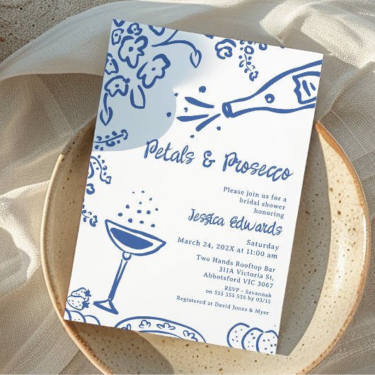 Whimsical Blue Drawn Petal Prosecco Vrijgezellenfe Kaart