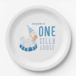 Whimsical Blue Een Gekke Gans Eerste Verjaardag Papieren Bordje