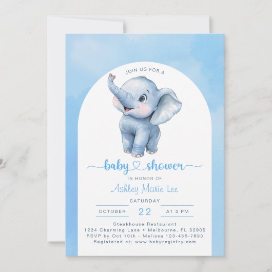 Whimsical Blue Elephant Baby shower Uitnodiging -  (Voorkant)