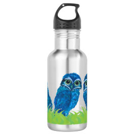 Whimsical Blue en Green Burroting Owl Art Waterfles