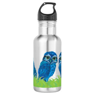 Whimsical Blue en Green Burroting Owl Art Waterfles
