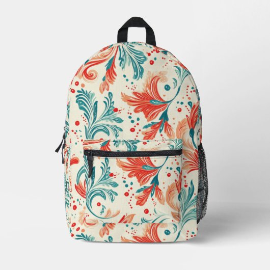 Whimsical Blue en Red Paisley Leaf Pattern Bedrukte Rugzak (Voorkant)