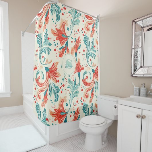 Whimsical Blue en Red Paisley Leaf Pattern Douchegordijn (In situ)