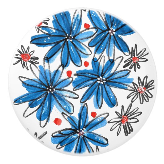 Whimsical Blue en White Flowers Keramische Knop (Voorkant)