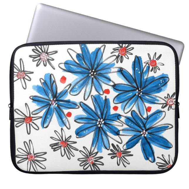 Whimsical Blue en White Flowers Laptop Sleeve (Voorkant)