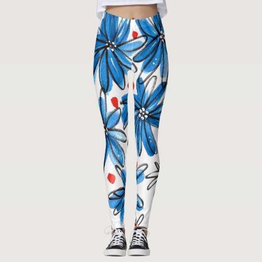 Whimsical Blue en White Flowers Leggings (Voorkant)