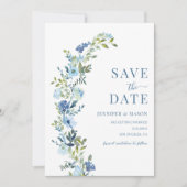 Whimsical Blue Floral krans Save the Date Foto Kaart (Voorkant)