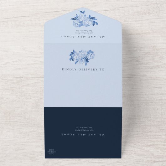 Whimsical Blue Floral Waterverf Wedding All In One Uitnodiging (Buitenkant)