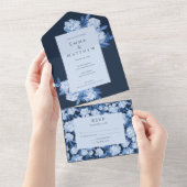 Whimsical Blue Floral Waterverf Wedding All In One Uitnodiging (Afscheurbaar)