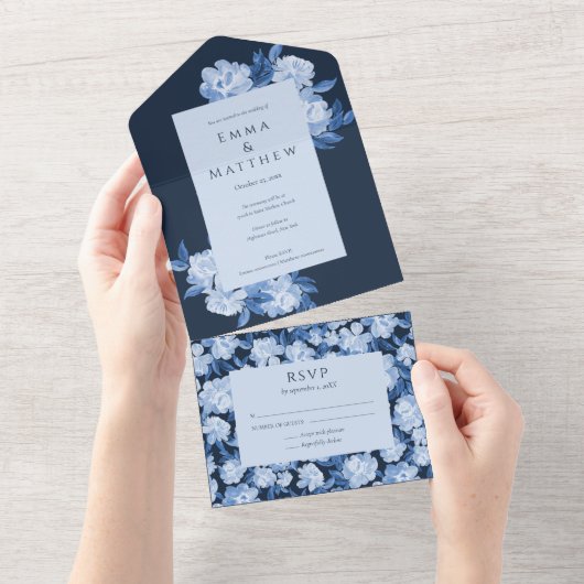 Whimsical Blue Floral Waterverf Wedding All In One Uitnodiging (Afscheurbaar)
